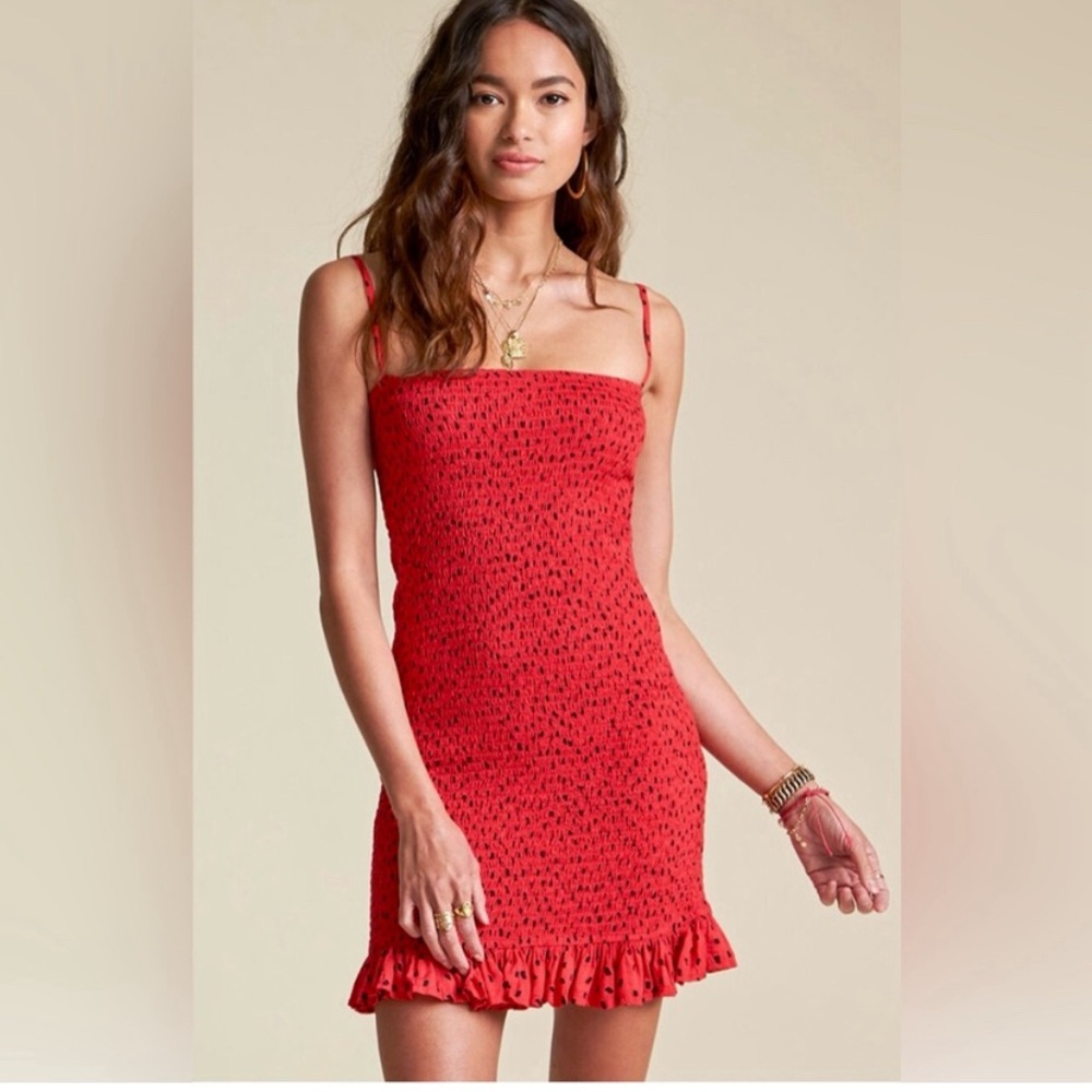Billabong x Sincerely Jules Red Mini Dress Sz M Red Black Smocked Bodycon Dots